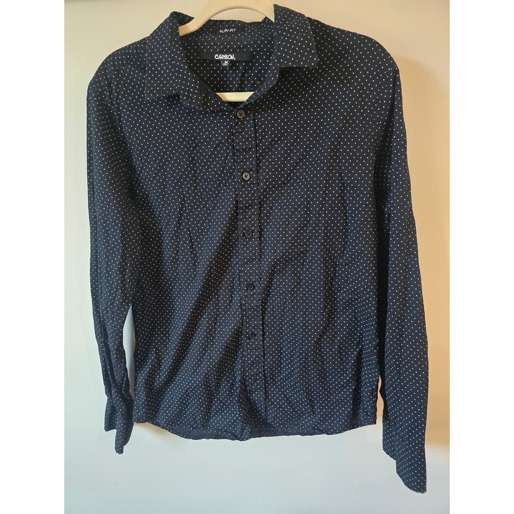 Carbon Mens Slim Fit Polka Dot Button Down Shirt Black White Long Sleeve Medium